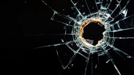 Broken cracked glass with hole from bullet or crash. Transparent destroyed window or mirror surface on black background. Realistic 3d vector illustration