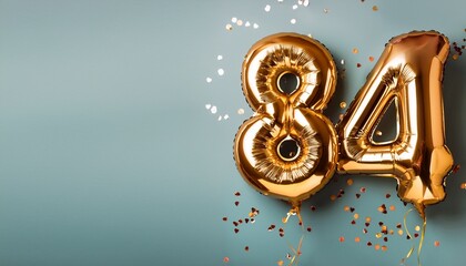 Banner with 84 number golden balloons with pastel background, copy space. Generated image