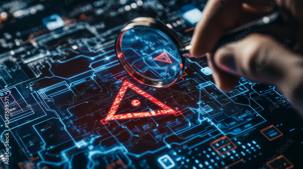 Poster system engineer identifying problem in computer network system. red triangle with exclamation mark a