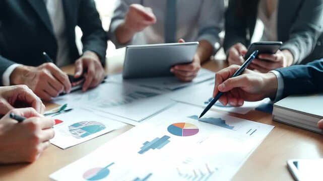 Close-up asia business people meeting plan analysis statistics brainstorm and header of team hold tablet pointing graph chart and employee taking note