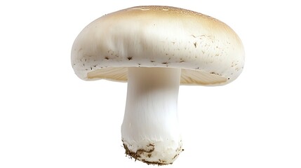 Single White Button Mushroom with Slight Brown Tint, Isolated on White Background, Macro Shot