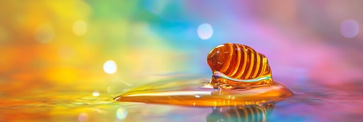 Sweet honey dripping on vibrant rainbow background
