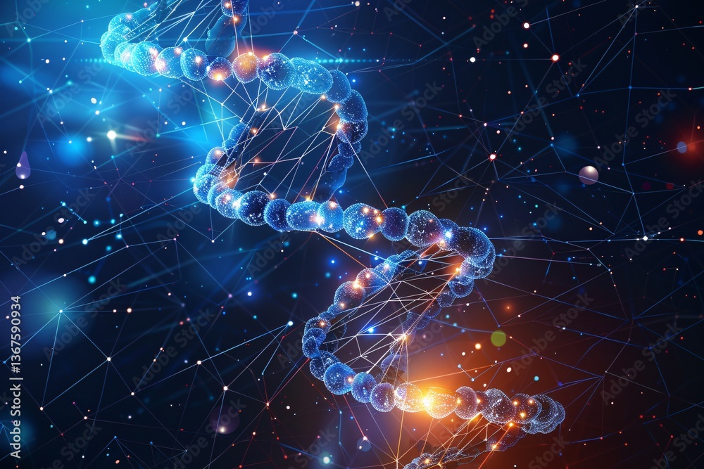 Aufkleber abstract dna strand rotating with glowing particles on a blue and orange background