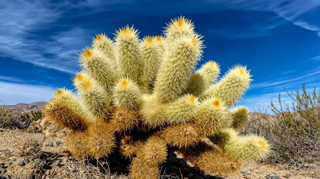 Unique cholla cactus thriving in the desert landscape under a bright sky in a remote location