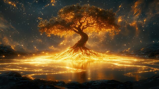 A celestial bonsai tree floating above a glassy lake, its glowing roots absorbing the starlight and creating ripples of golden energy.