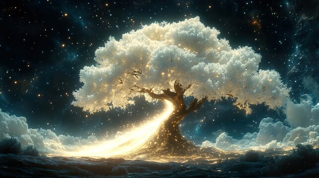 A celestial tree with glowing white branches, absorbing cosmic dust from the stars and releasing soft waves of energy into the air.