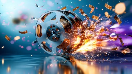 A dynamic film reel bursting with sparks and colorful confetti