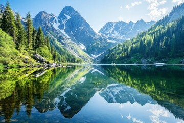 Fototapeta premium Serene Mountain Landscape with Reflections in Clear Lake Water