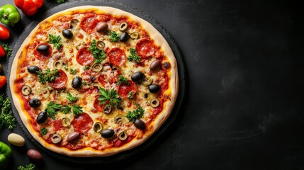 Delicious Pepperoni Pizza Topped with Olives and Parsley on Dark Background
