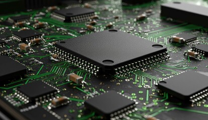 Obraz premium Close-up of circuit board featuring microchips and circuitry. Represents advanced technology and electronics.