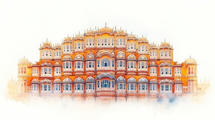 Vibrant watercolor illustration capturing the intricate beauty of Hawa Mahal palace in Jaipur at sunrise