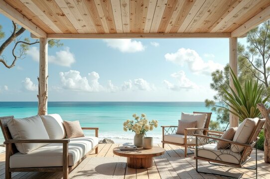 Serene beachfront terrace with ocean view and cozy seating area - Powered by Adobe