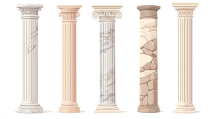 Ancient pillars. Realistic architectural set of rome or greek classic marble columns, stone pillar decoration for historic temple or palace. Vector illustrations