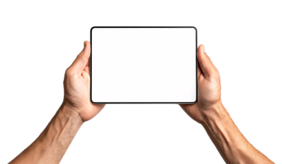 Demonstrating tablet for digital presentations in clean office space on transparent background