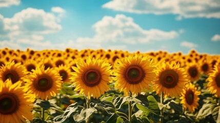 Fototapeta premium Radiant Sunflower Field under a Bright Sky: A Stunning Natural Spectacle