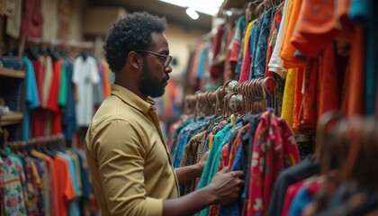 Obraz premium Thoughtful man explores vibrant clothing at bustling local marketplace