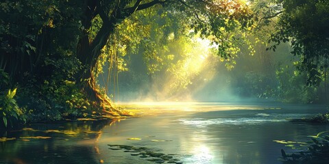 Fototapeta premium A serene forest scene with sunlight filtering through trees, reflecting on a tranquil water surface.