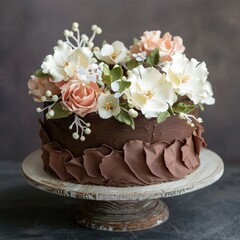 Delicious chocolate cake adorned with gentle green and pink floral decorations on a rustic wooden stand