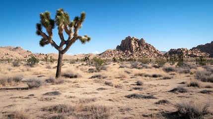 Joshua Tree Landscape with Desert Scrub and Blue Sky View