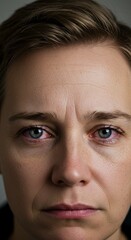 Emotional close-up of a woman with tired and bloodshot eyes looking ahead