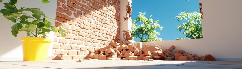 Building demolition action urban setting visual content bright atmosphere ground level transformation concept