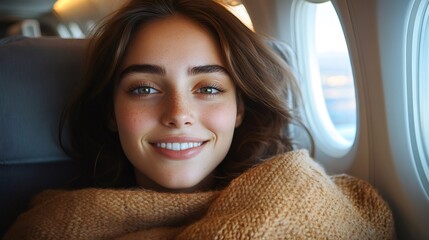 Young woman smiling during flight in first class, comfortable passenger enjoying air travel