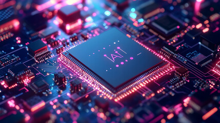 Fototapeta premium Artifical intelligence technology concept on Brightly glowing AI chip with light circuit board on technology vector. Computer microchip