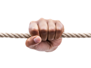 Demonstrating strength gripping an imaginary rope on transparent background