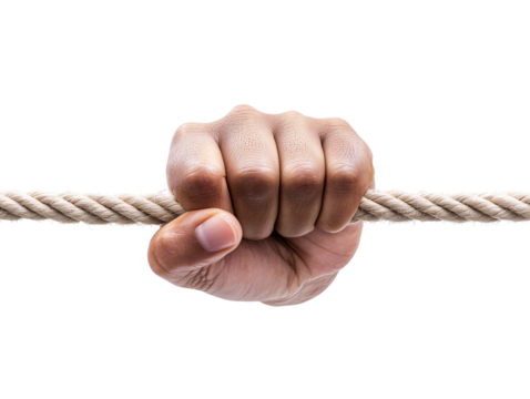 Demonstrating strength gripping an imaginary rope on transparent background