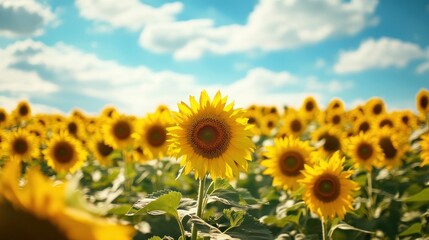 Obraz premium Vibrant Sunflowers Stretching to the Horizon Under a Bright Summer Sky