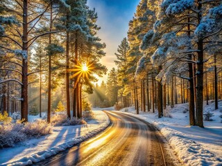 Frosty Winter Road: Sunny Day in a Pine Forest - Candid Stock Photo