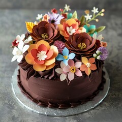 Elegant chocolate cake adorned with colorful paper flowers for a special celebration