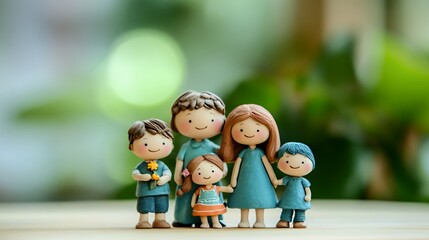 Cheerful family of five with handmade figurines in shades of blue and green.