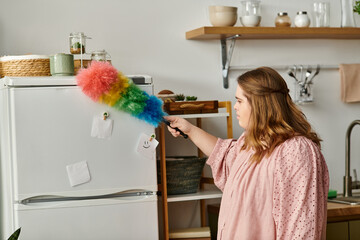 Young woman with Down syndrome enjoys a cozy day at home while cleaning with confidence
