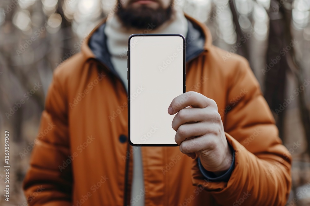 Poster Man is holding a smartphone with a blank screen in a forest