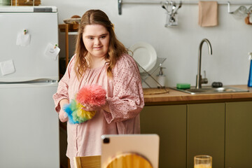 Young woman with Down syndrome enjoying a cozy moment at home while engaging with colorful props
