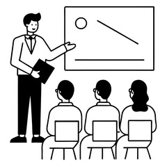 A vector illustration shows teacher and students in a classroom, a concept of people work