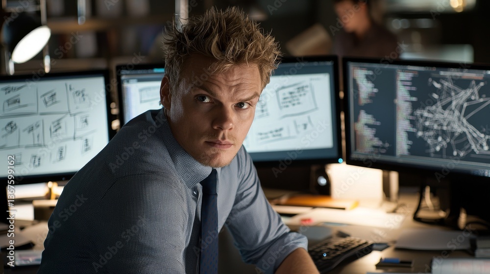 Poster a professional technical controller is seated at his desk with multiple displays in front of him, wh