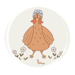 Cute hand drawn logo or icon vector with brown hen and worm in the meadow, illustration on circle with brush texture, for social media story and highlights