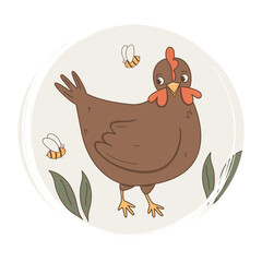 Cute hand drawn logo or icon vector with brown hen and bee, illustration on circle with brush texture, for social media story and highlights