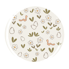 Cute hand drawn logo or icon vector with daisy flowers, easter eggs and worm, illustration on circle with brush texture, for social media story and highlights
