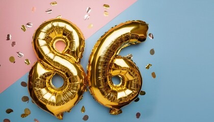 Obraz premium Banner with 86 number golden balloons with pastel background, copy space. Generated image