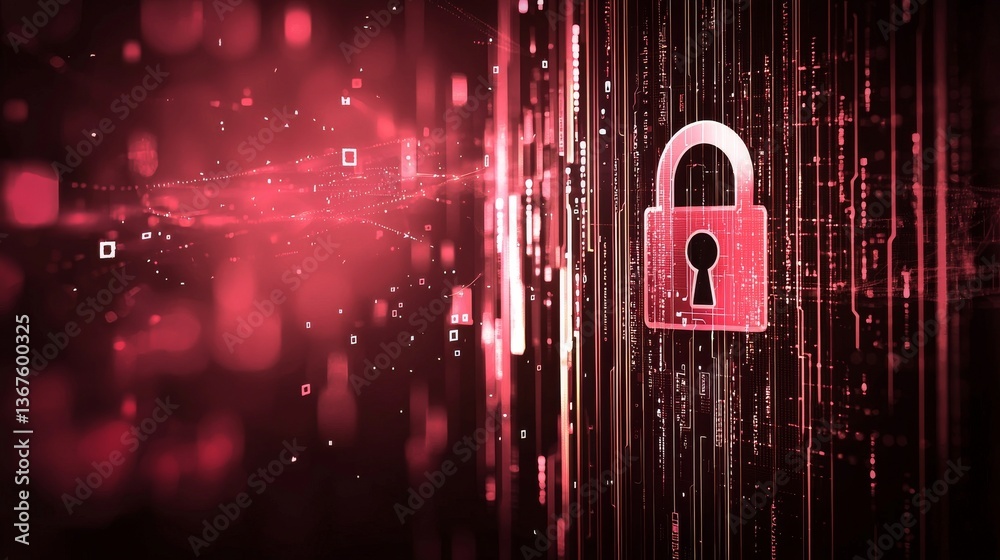 Poster the image of a padlock logo in 3d rendering on a glow futuristic hud interface background conveys th