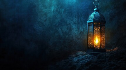 Ornate metal lantern glows with warm light against dark, textured stone background.