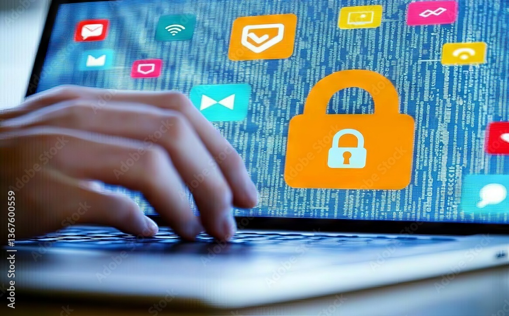 Poster the concept of cybersecurity is illustrated by a user typing a password on their computer while conn