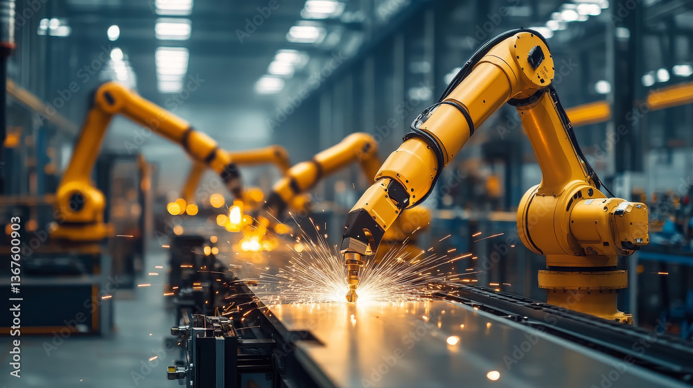 Poster isometric industry 4.0 concept. artificial intelligence. digital manufacturing operation. humanoid r