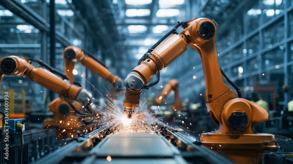 Poster isometric industry 4.0 concept. artificial intelligence. digital manufacturing operation. humanoid r