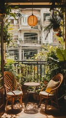 Relaxing balcony scene with wicker chairs
