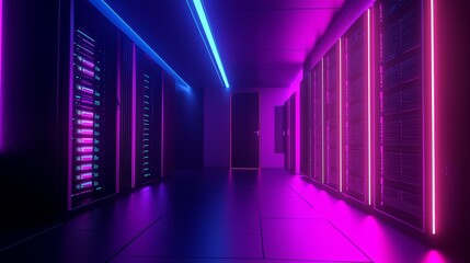 Fototapeta premium A modern data center filled with rows of rack servers and supercomputers represents a cutting-edge telecommunications hub and showcases advanced supercomputer technology through a conceptual 3D