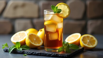 Fototapeta premium Refreshing Iced Lemon Tea with Fresh Mint and Sliced Lemons